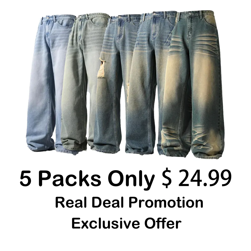 Men's Vintage Wash Pocket Wide Leg Jeans, Loose Casual Comfy Denim Pants for Daily Wear, Woven Bottoms for All Seasons