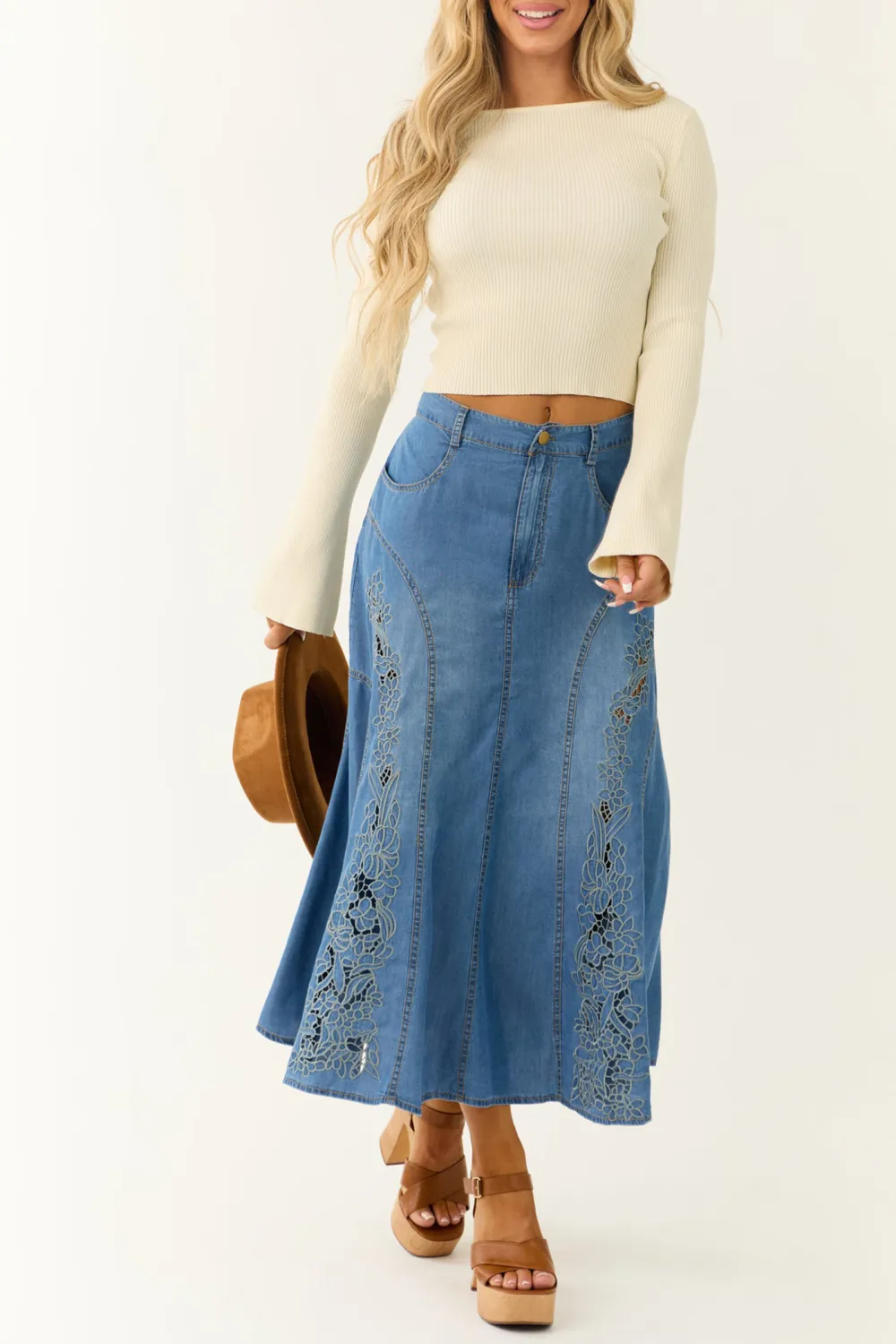 Medium Wash Denim Floral Embroidered Maxi Skirt