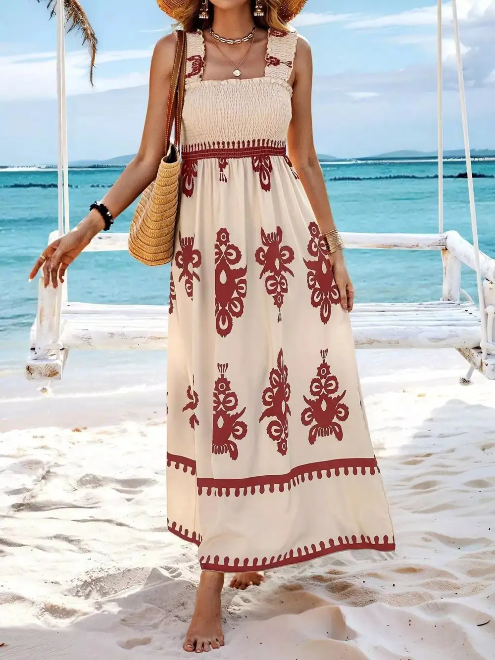 Printed Square Neck Smocked Maxi Dress