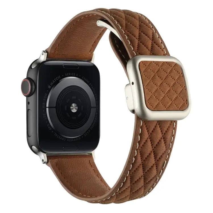 Rhombus Pattern Magnetic Square Buckle Leather Watch Band for Watch SE 2023 44 mm - Dark Brown