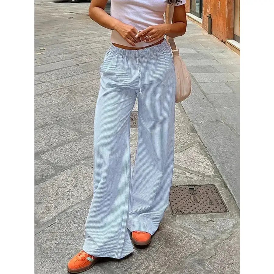 Striped Drawstring Wide Leg Pants