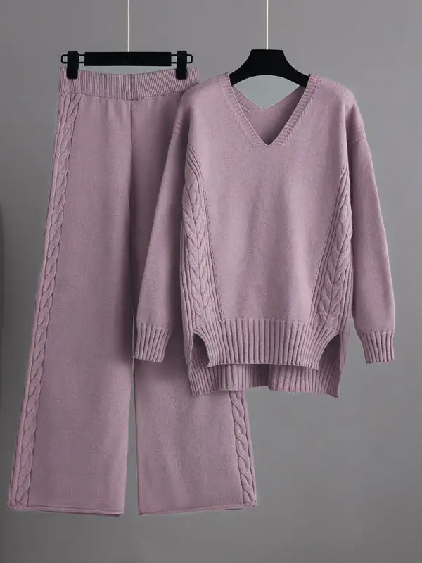 Relaxed Long Sleeve V Neck Sweater And Pants Set