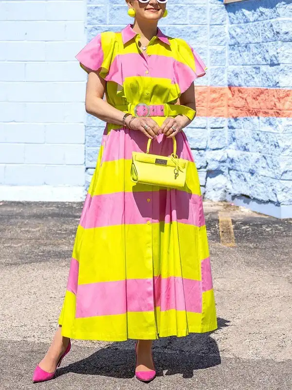 High Pleated Buttoned Belted Shirt Maxi Dress