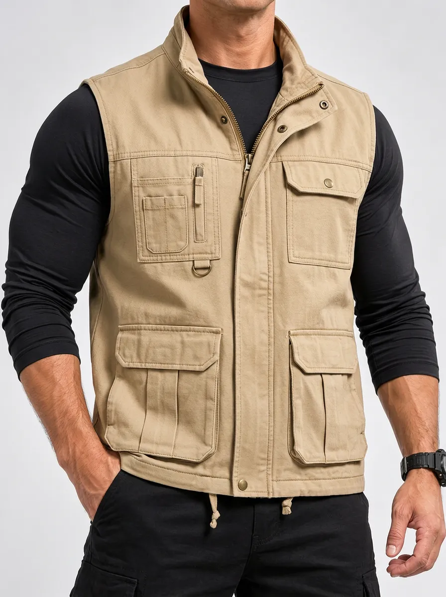 Outdoor-Inspired Utility Pocket Cargo-Style Sleeveless Jacket for Men