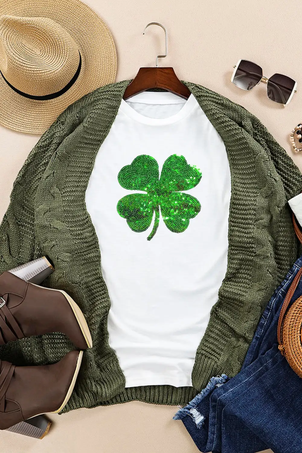 White Sequin Clover Patch Graphic
