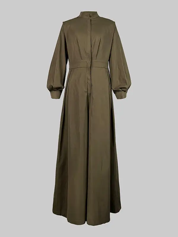 Long Sleeves Loose Buttoned No Belt V-Neck Jumpsuit
