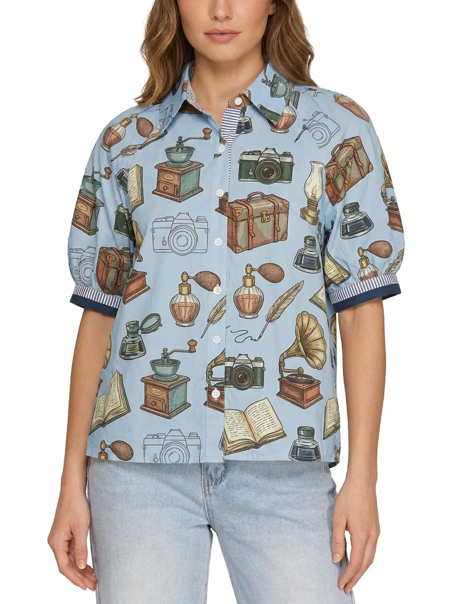 Women's Vintage Collector Retro Items Printed Button-up Shirt
