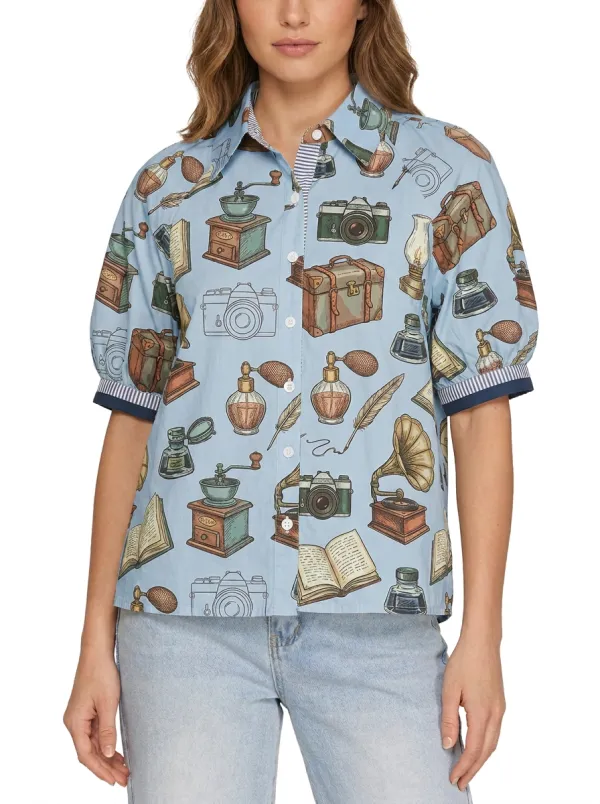Women's Vintage Collector Retro Items Printed Button-up Shirt