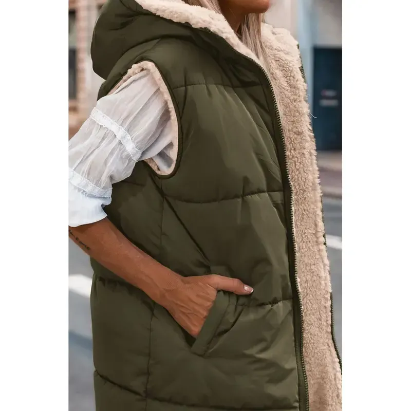 Women's military green double-faced fleece vest with pockets and a hood, long zip-up coat
