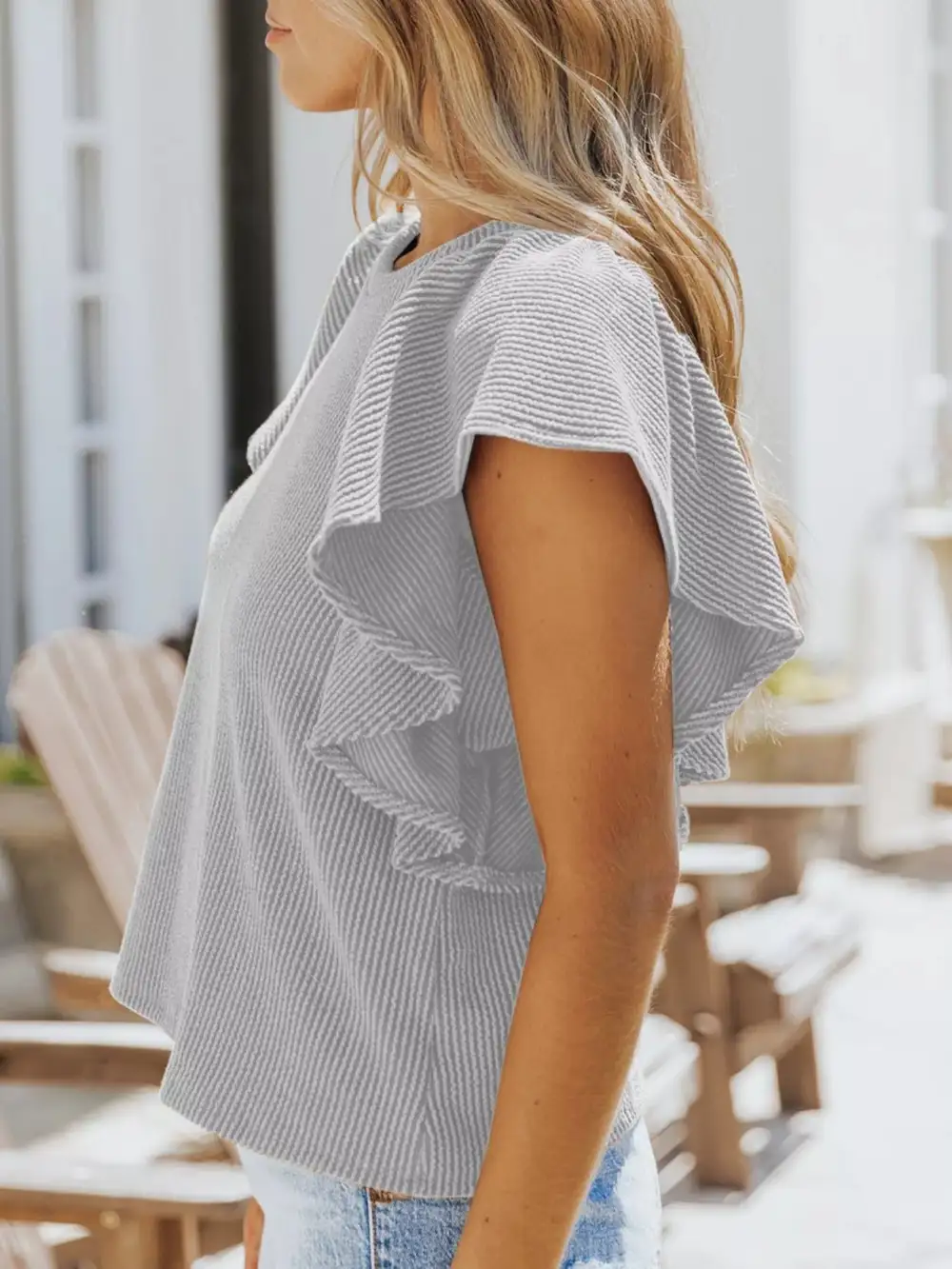 Ruffled Sleeve Ribbed Knit T Shirt Plus