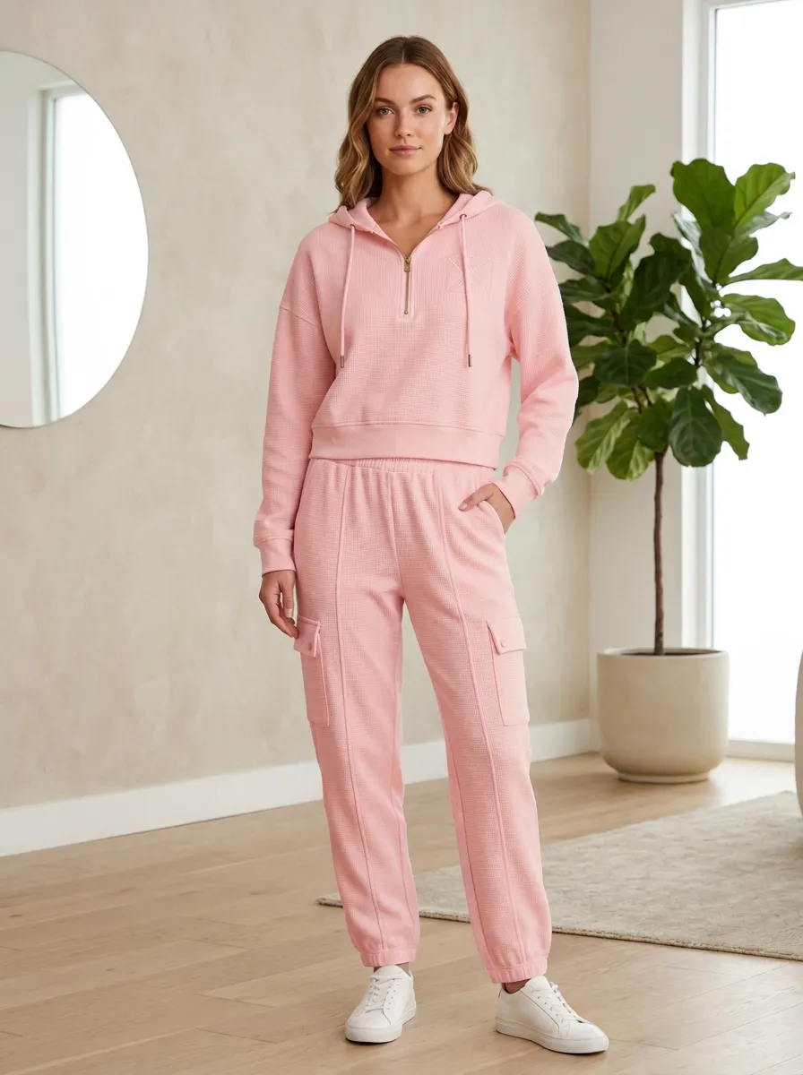Women's Casual Lounge Waffle Knit Quarter-Zip Hooded Jogger Set