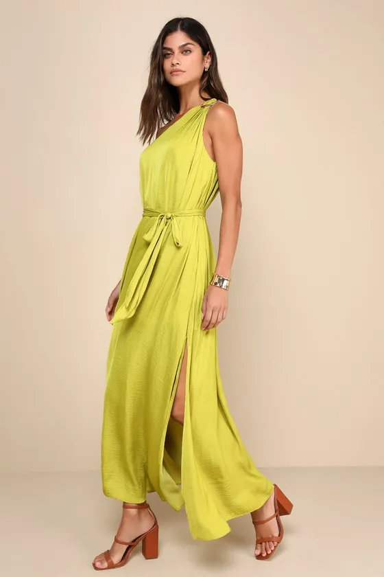 Goddess Aura Light Green Floral Satin One-Shoulder Maxi Dress
