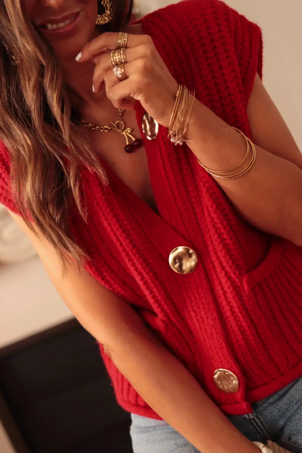 Textured Knit Side Pocket Button Sweater Vest