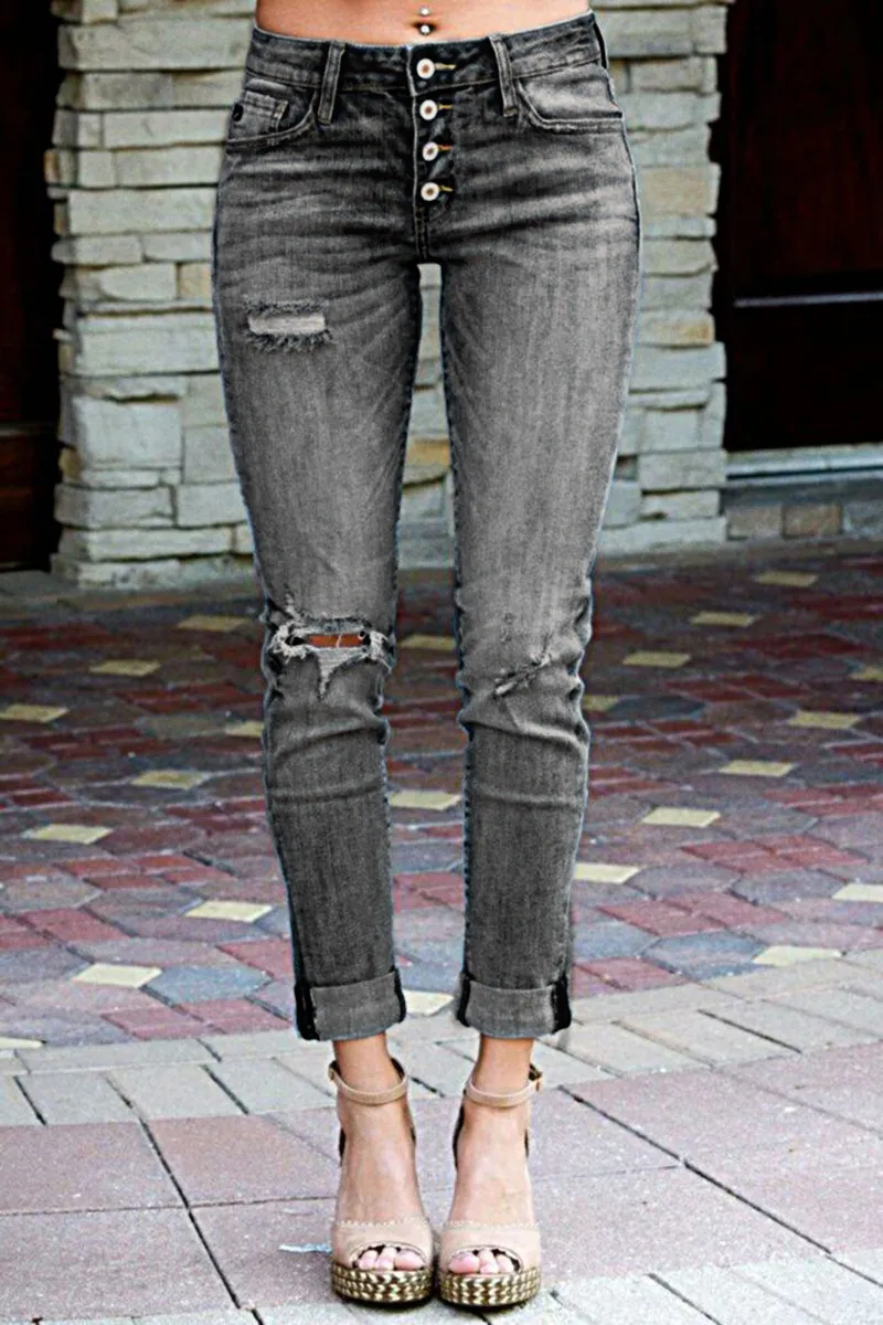 Ripped Button Fly Mid Waist Skinny Jeans