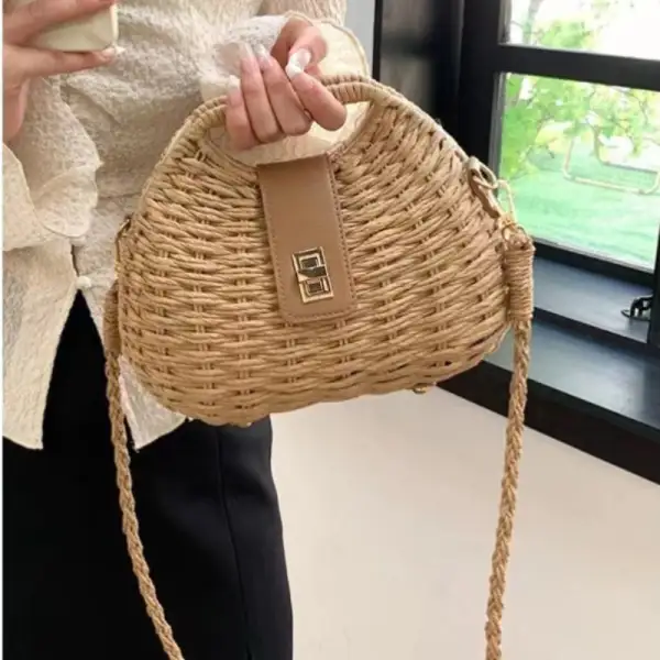 Shell Straw Crossbody Bag Woven Beach Tote Handbag Rattan