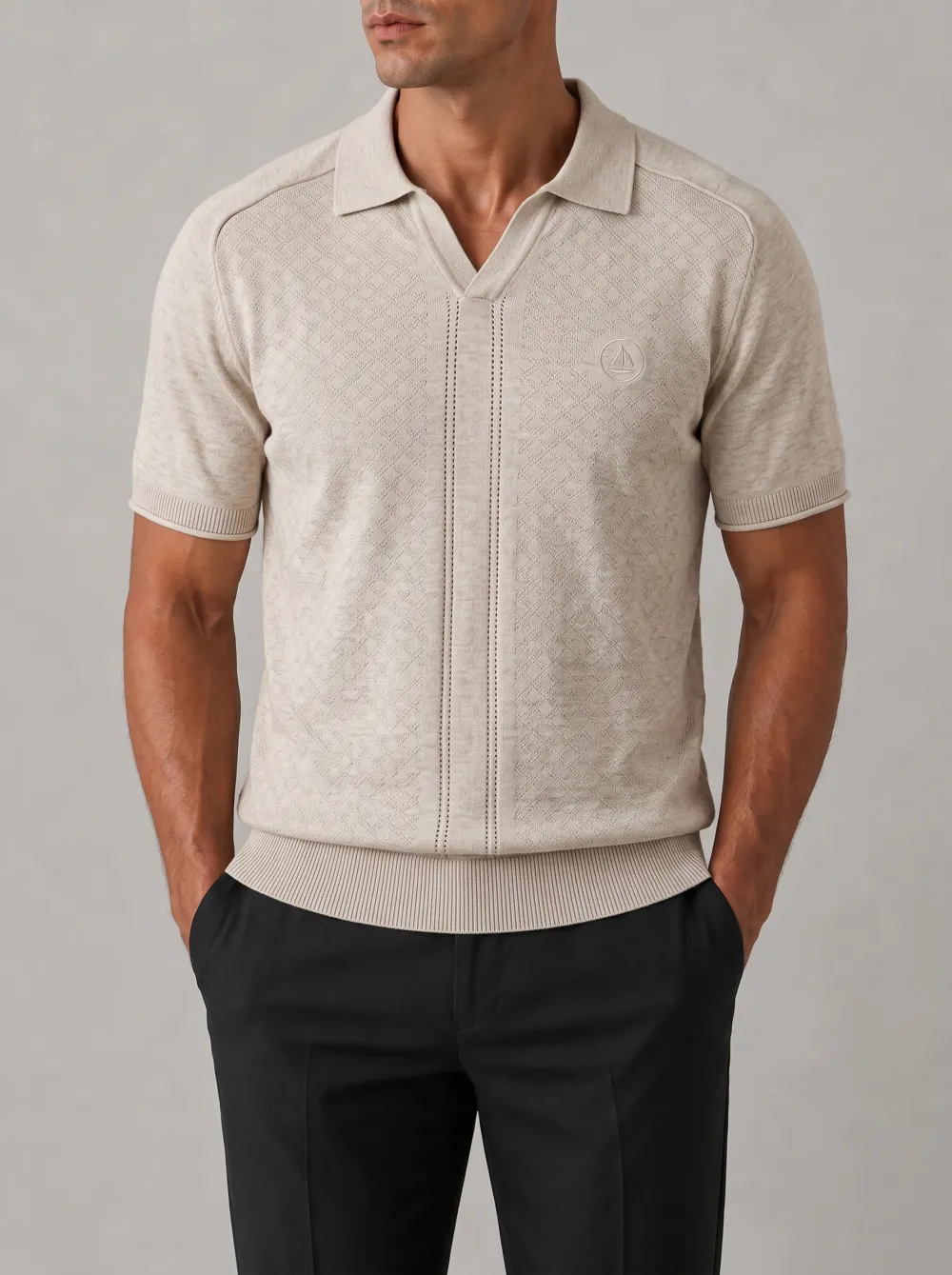 Men's Nautical Sailboat Embroidered Beige Knit Polo Shirt