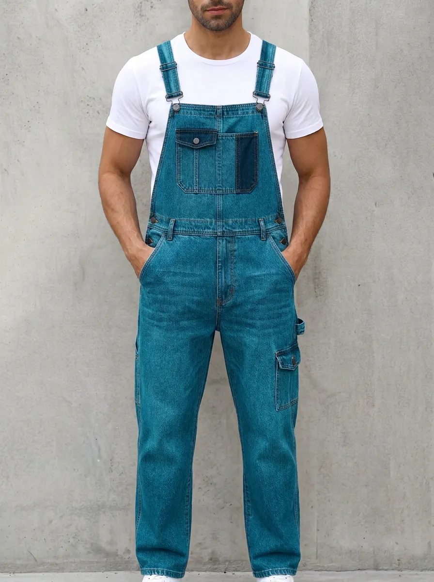Men's Casual Vintage Blue Denim Cargo Overalls