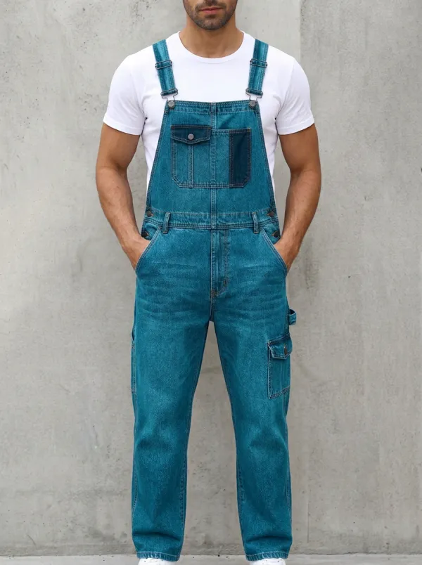 Men's Casual Vintage Blue Denim Cargo Overalls