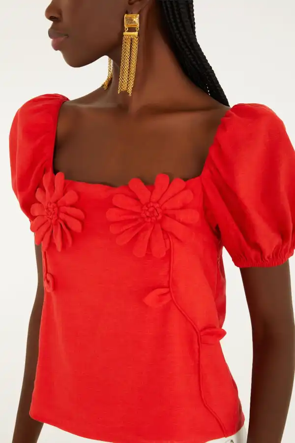 Classic Floral Puff-Sleeve Short-Sleeve Blouse