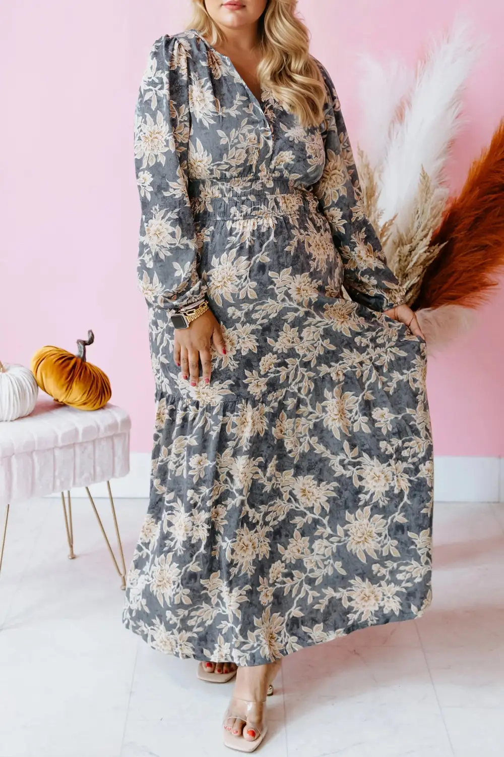 Layered Detail Floral Printed Split Neck Maxi Dress