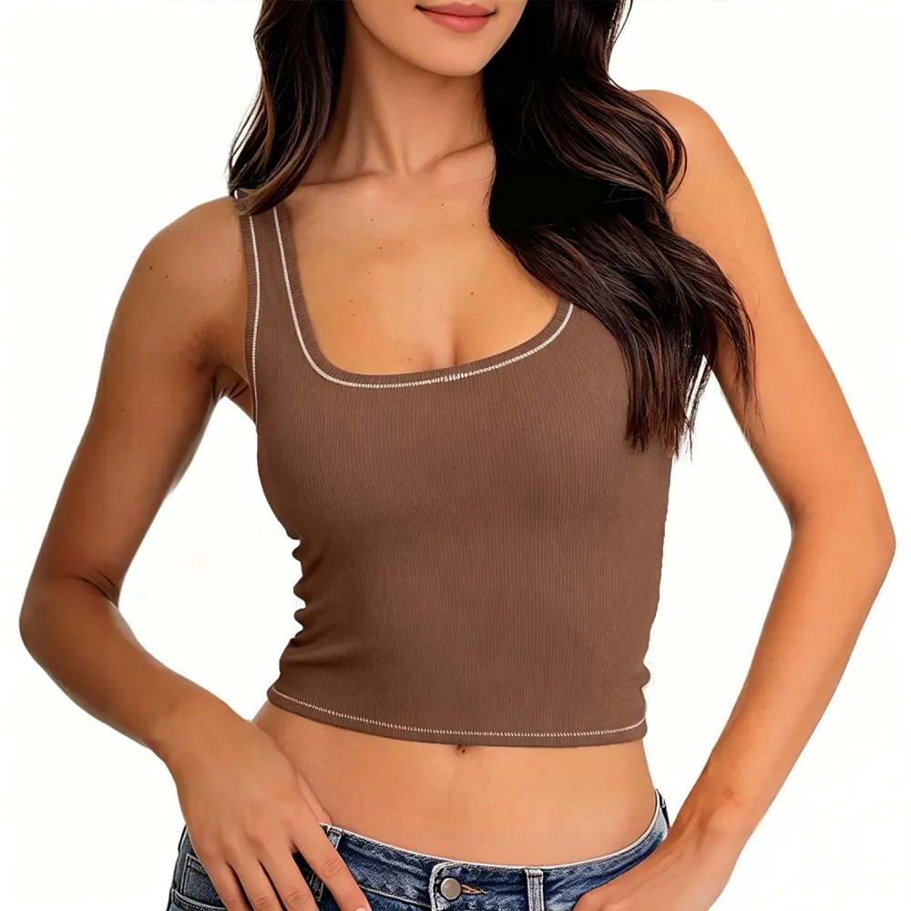 Women Rib Tank Top Padded Workout Top Square Neck Crop Tank
