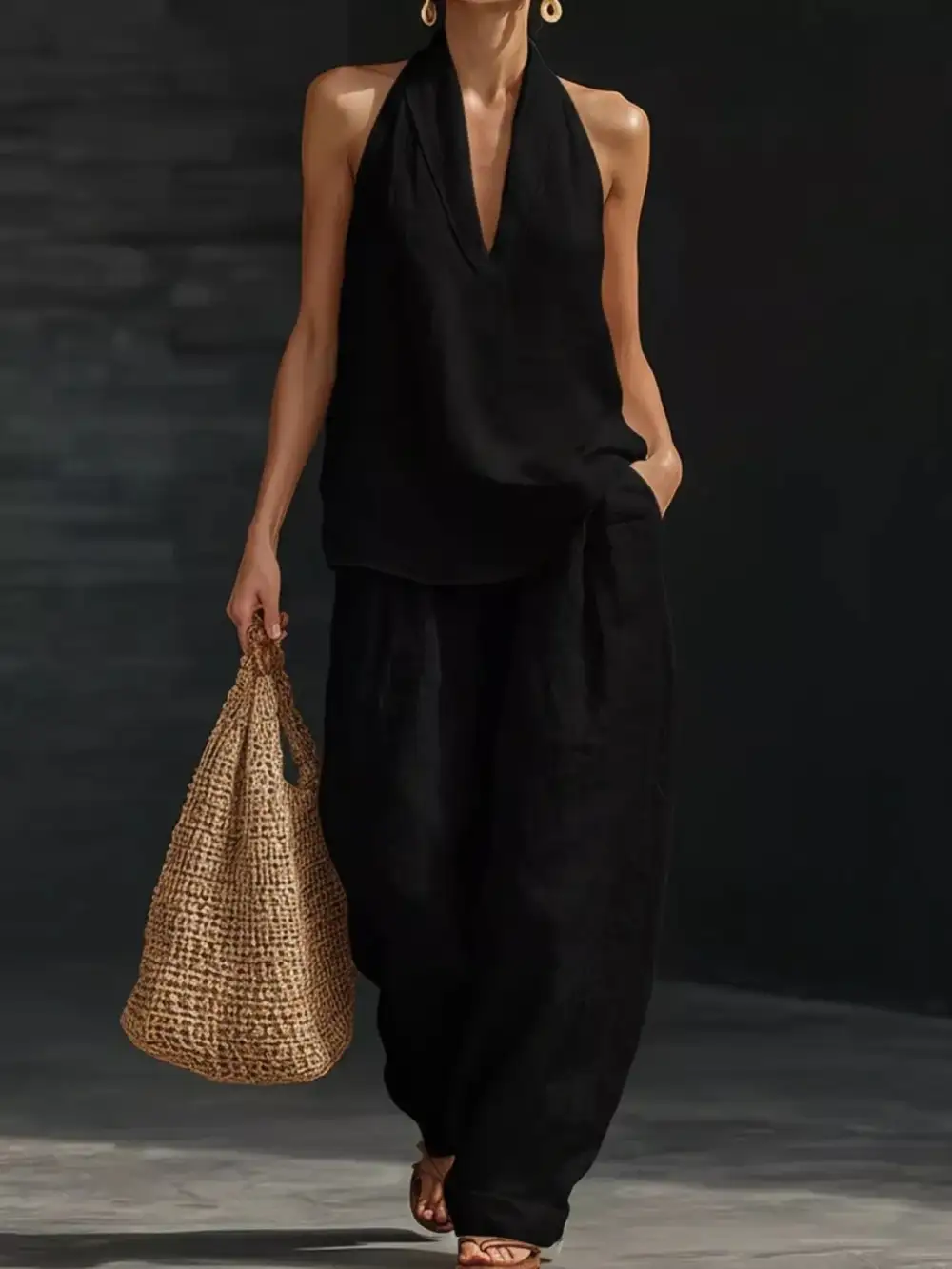 Full Size Halter Neck Top and Wide Leg Pants Set Plus Size