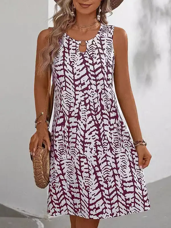 A Line Relaxed Hollow Printed U Neck Mini Dress