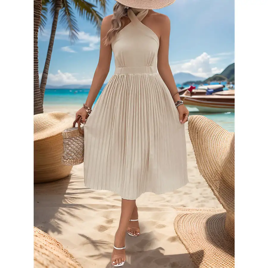 Halter Neck Pleated Midi Dress