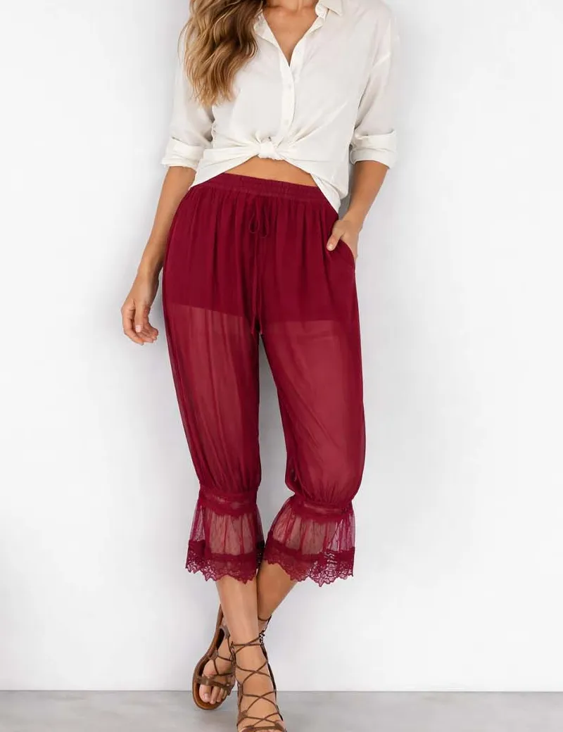 Sheer Lace Trim Bloomer Drawstring Waist Capri Pants