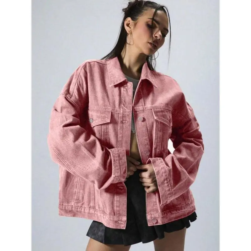 Women's Plain Button Front Drop Shoulder Denim Coat