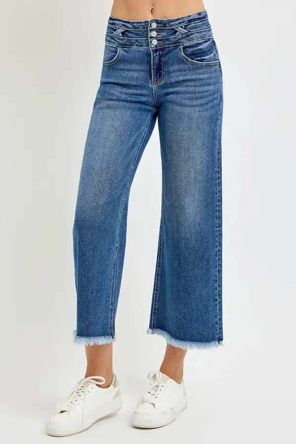 High Rise Wide Waistband Raw Hem Wide Leg Jeans