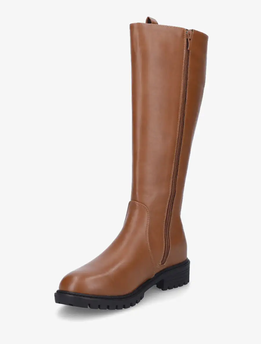 Statement Block Heel Faux Leather Flat Sole Knee High Boots