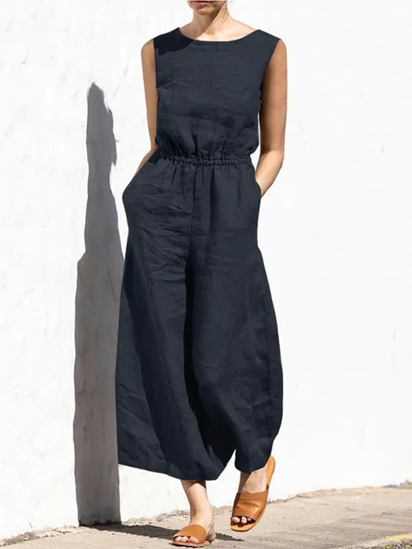Sleeveless Wide Leg Elasticity Round-Neck Jumpsuit
