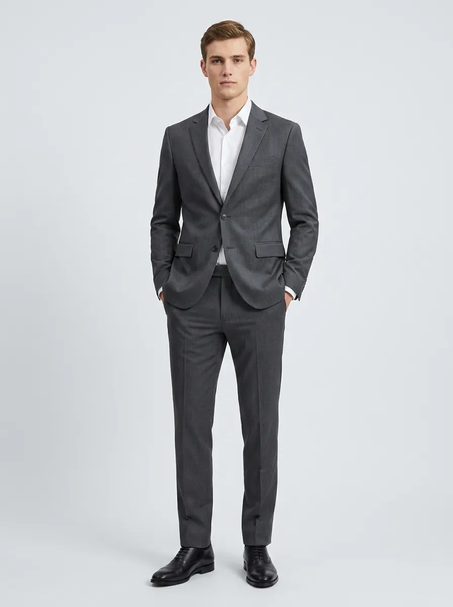 Men's Two Button Business Formal Charcoal Grey Solid Two-Piece Suit