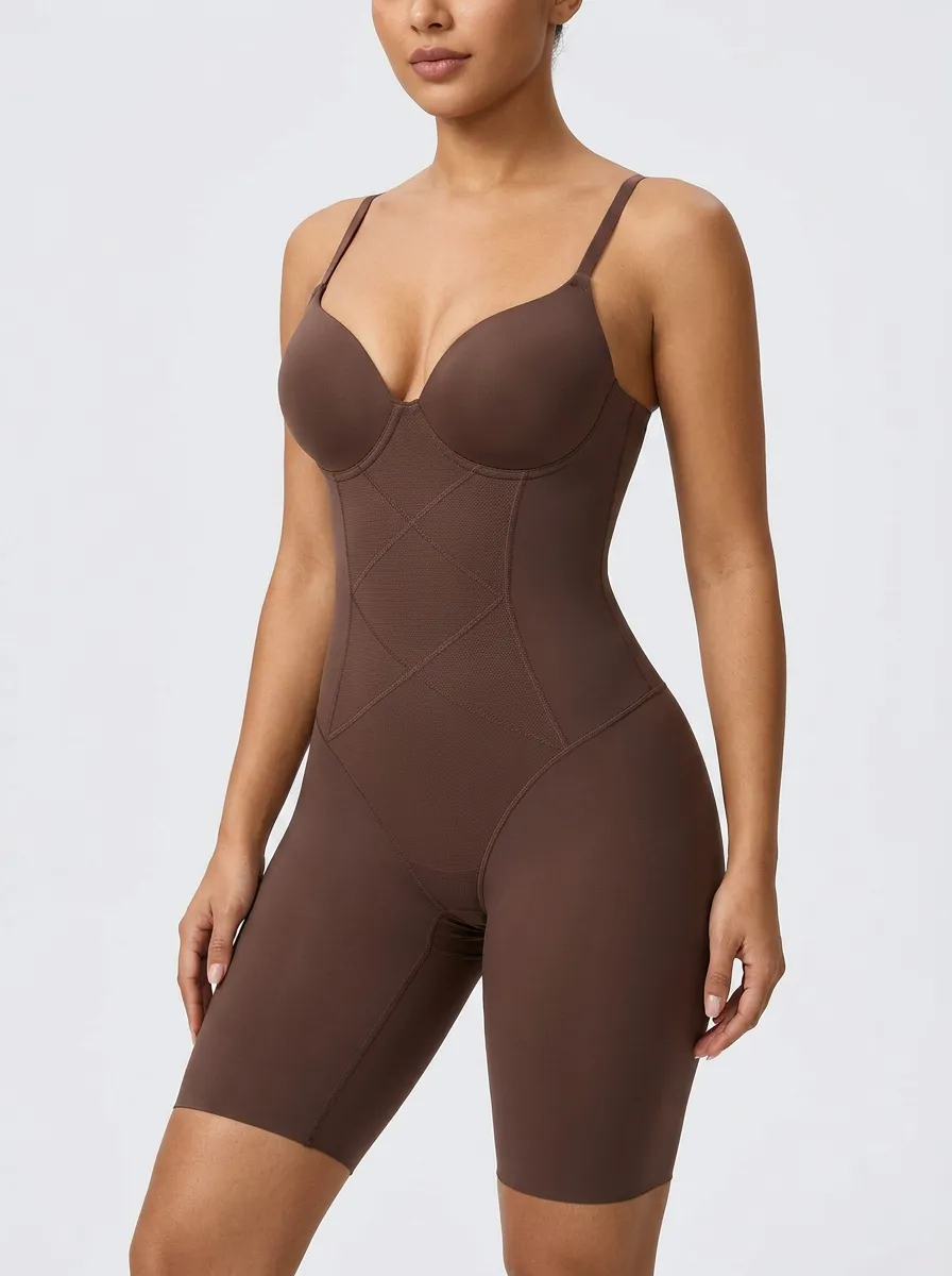 Women's Brown Seamless Tummy Control Cross-Stitch Bodysuit Shapewear