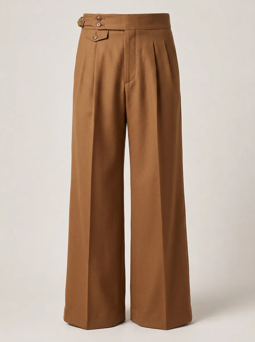 Men's Vintage Brown Wide Leg Pleated Buckle Trousers