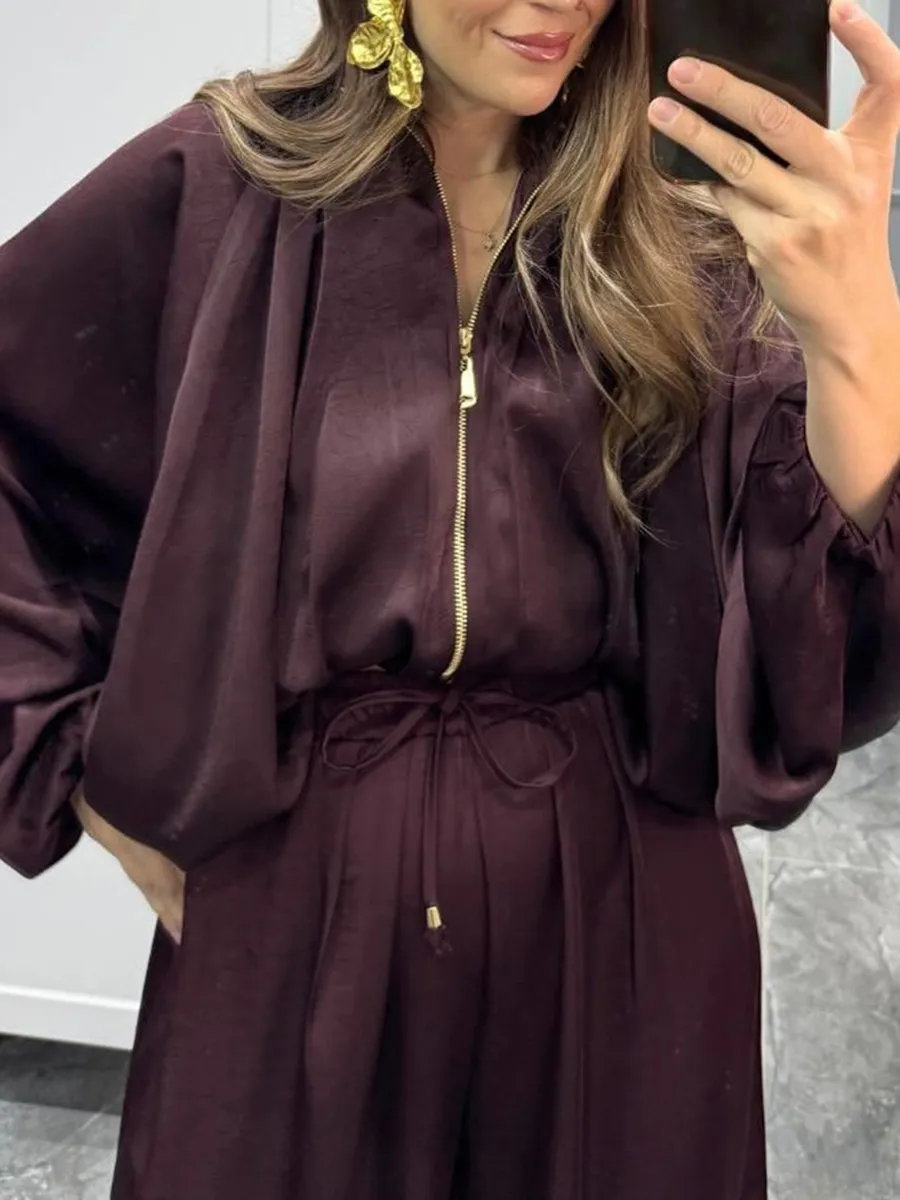 Women's solid color cross-section design casual zipper cardigan & pants set