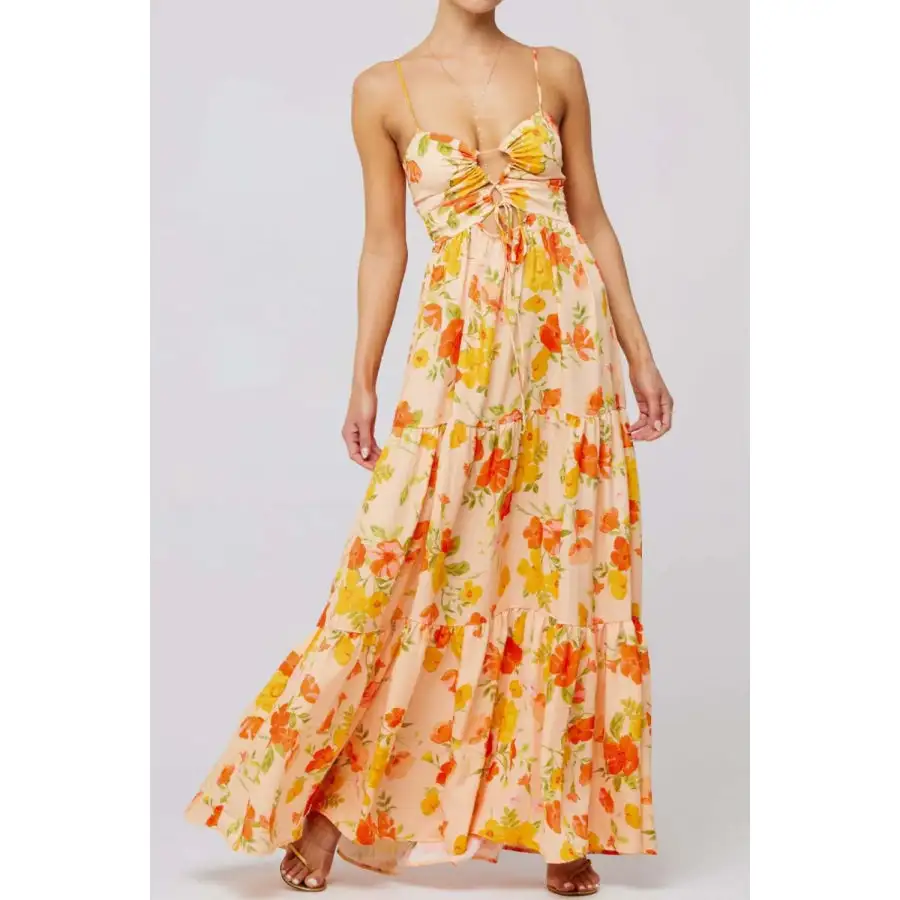 Floral Print Tie Front Tiered Maxi Dress