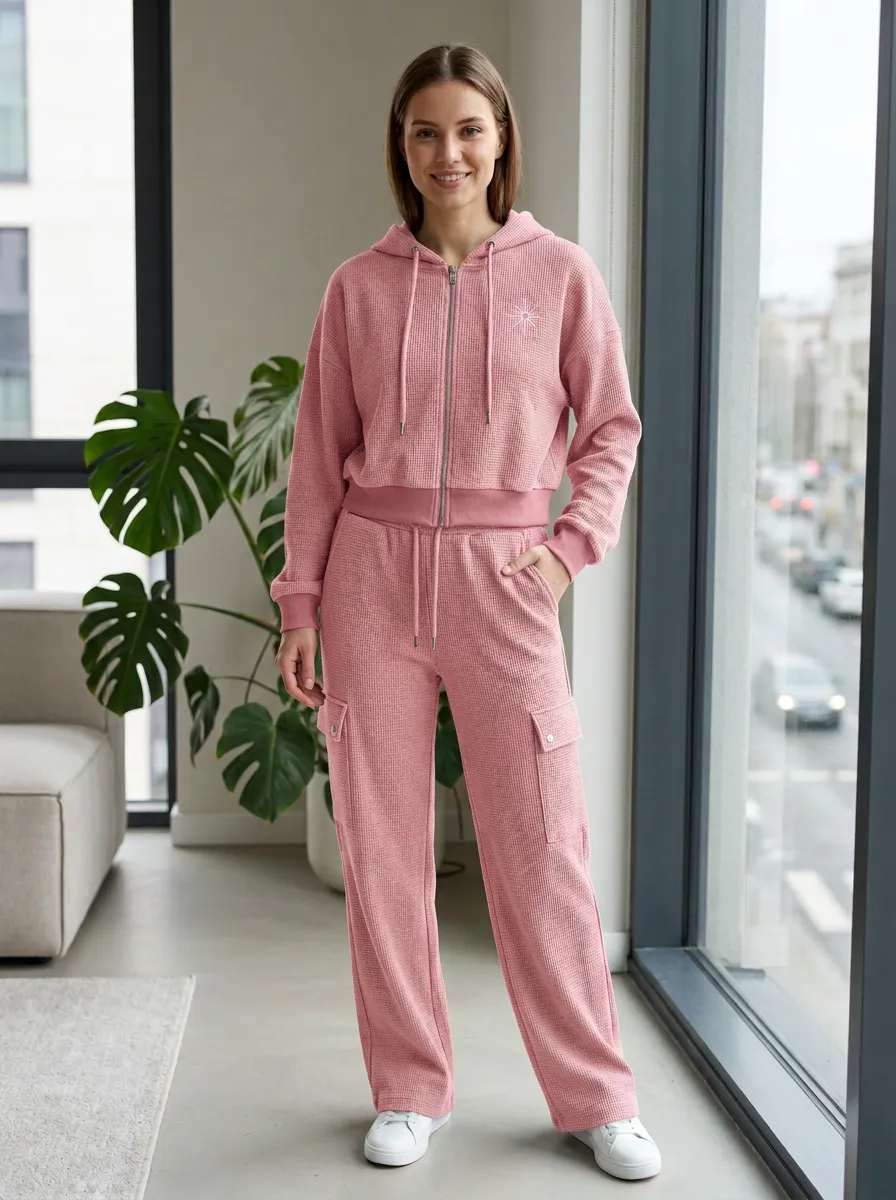 Women's Star Graphic Waffle Knit Zip-up Hoodie Cargo Jogger Set