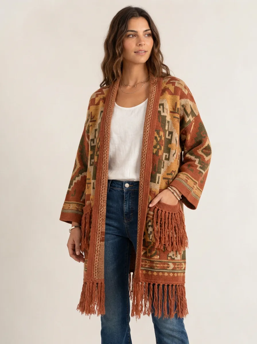 Women's Boho Style Aztec Geometric Pattern Printed Cardigan