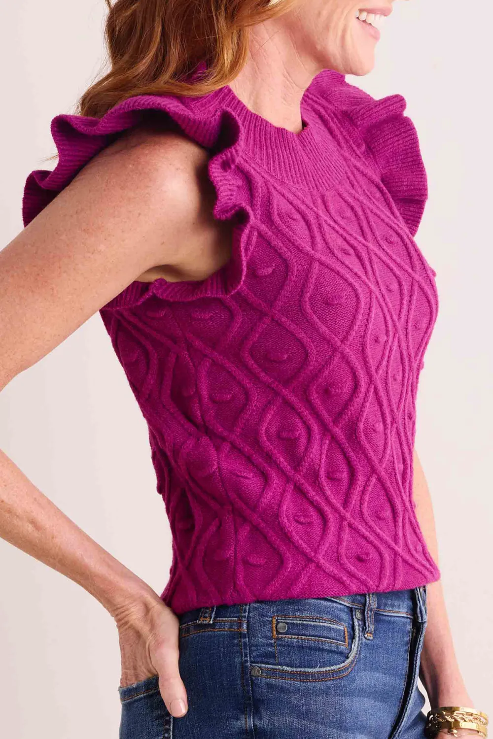Purple Cable Knit Ruffled Sleeve Sleeveless Sweater