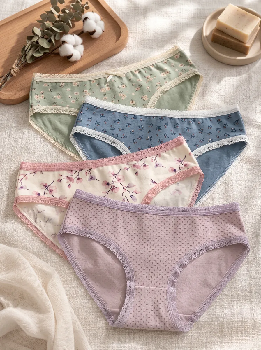 Women's Floral Polka Dot Lace Trim Printed Panties 4-Pack