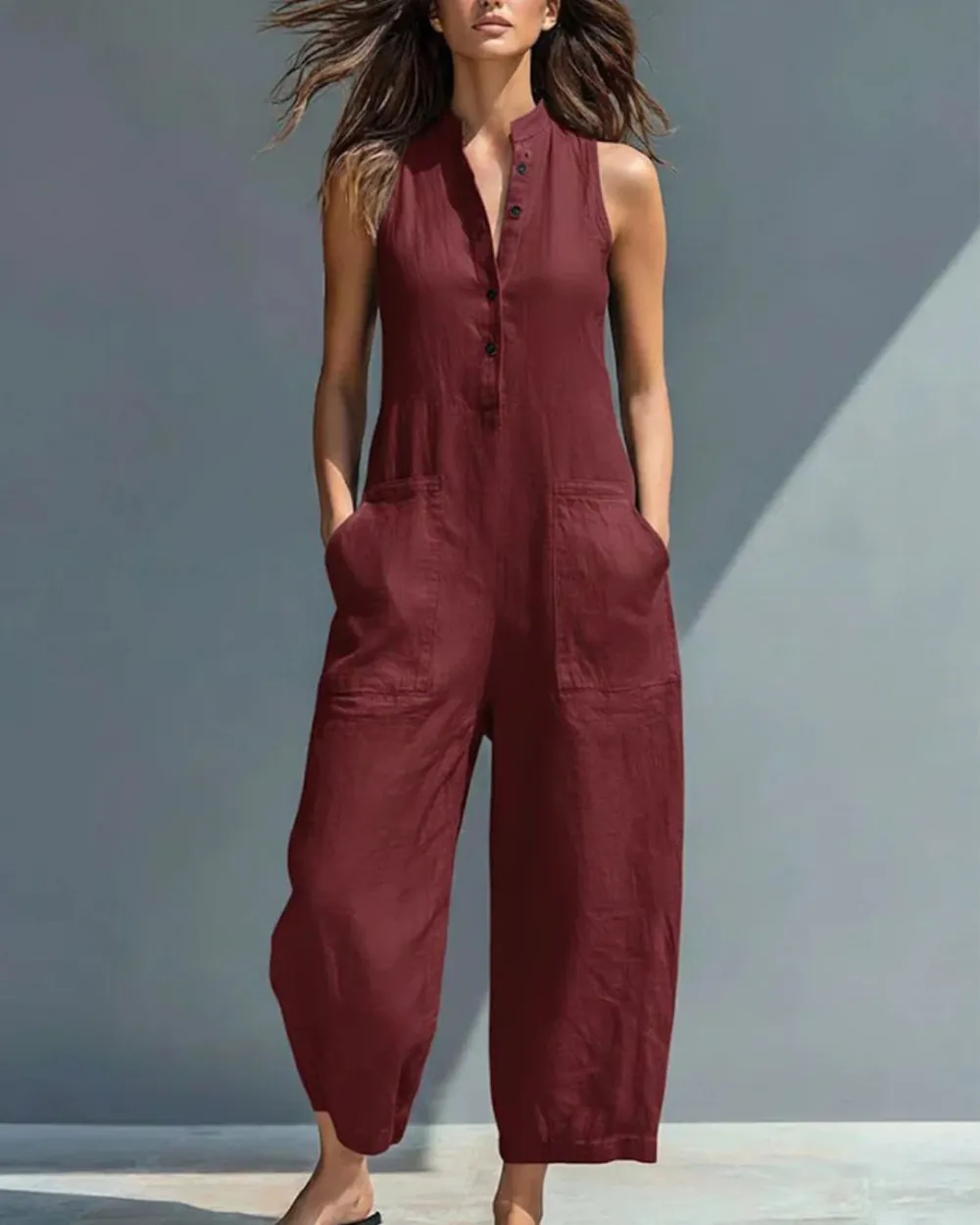 Vintage Sleeveless Stand-Collar Wide-Leg Jumpsuit