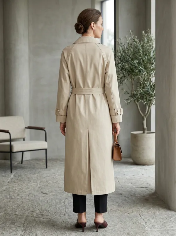 Women's Classic Beige Belted Long Trench Coat
