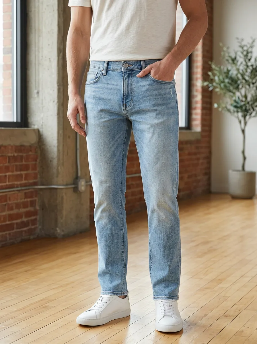 Men's Light Wash Distressed Slim Fit Denim Jeans