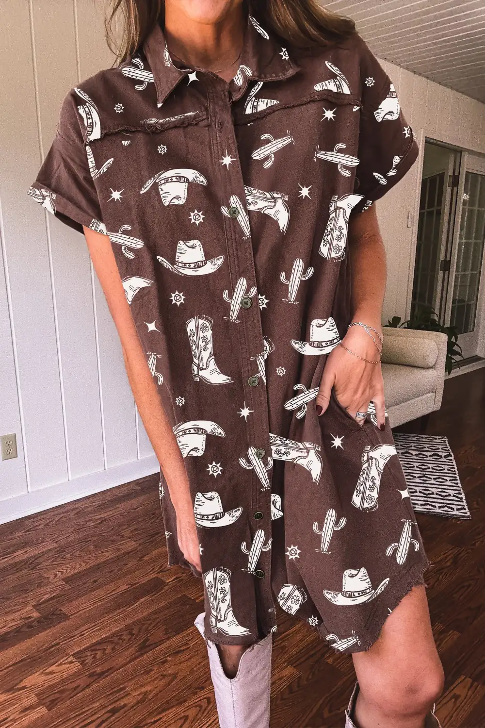 Printed Denim Button Front Dress Casual
