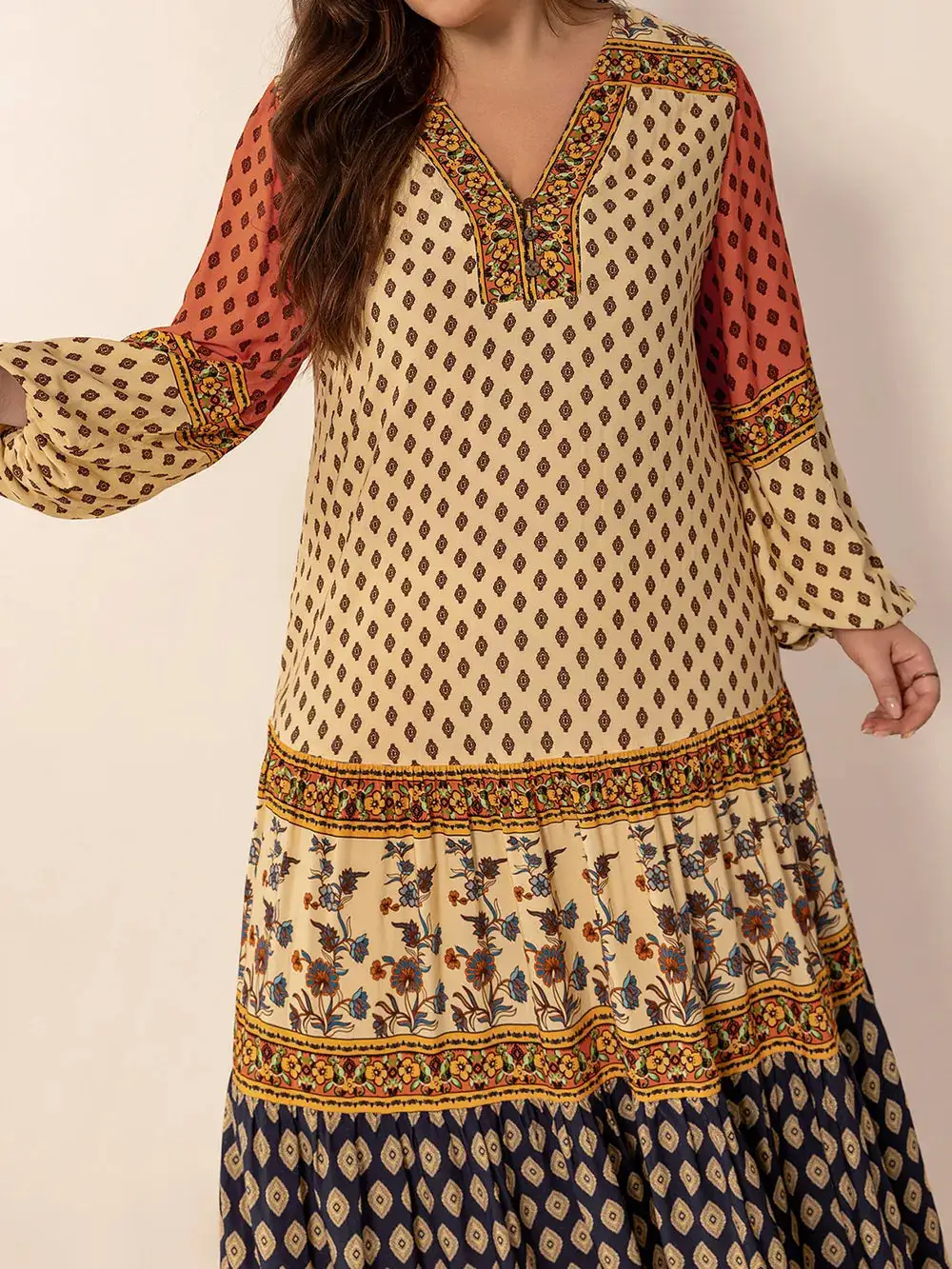 Printed V-Neck Long Sleeve Maxi Dress