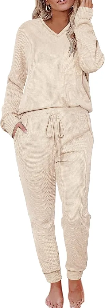 Women's Long Sleeve Knit Loungewear Set Jogger Pants Outfit