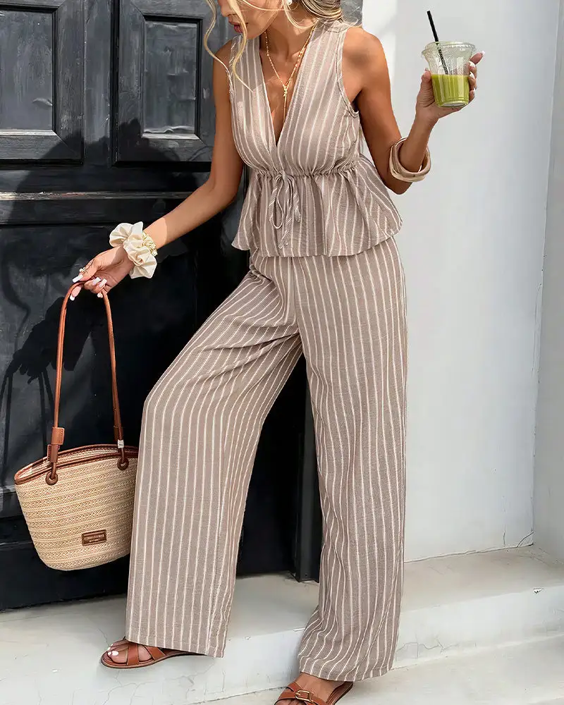 Striped V-Neck Peplum and Wide Leg Pants Two-Piece Set