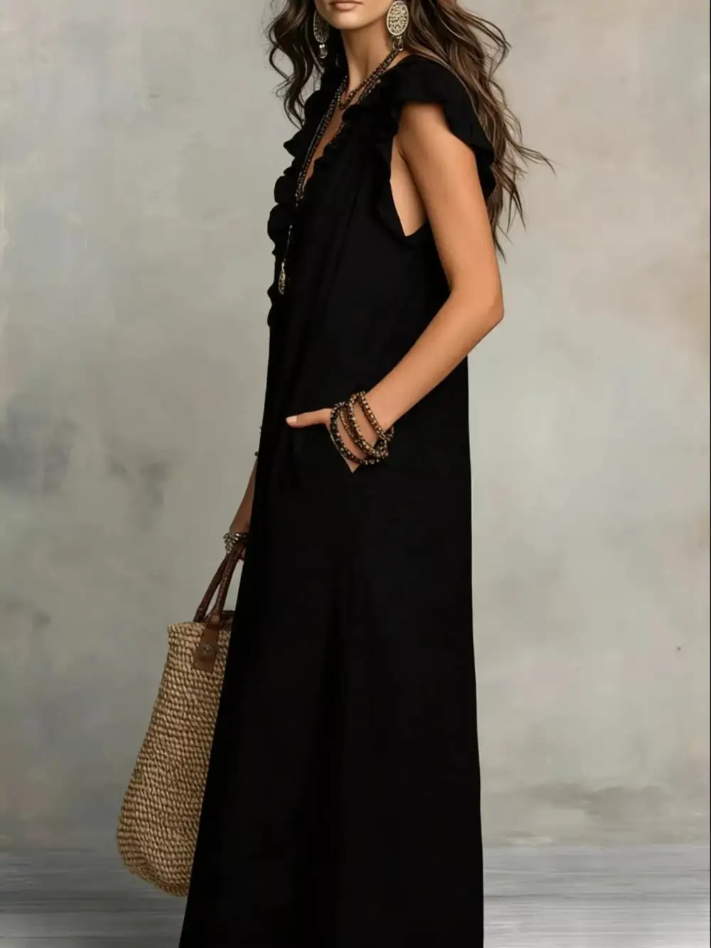 V-Neck Pocketed Maxi Dress